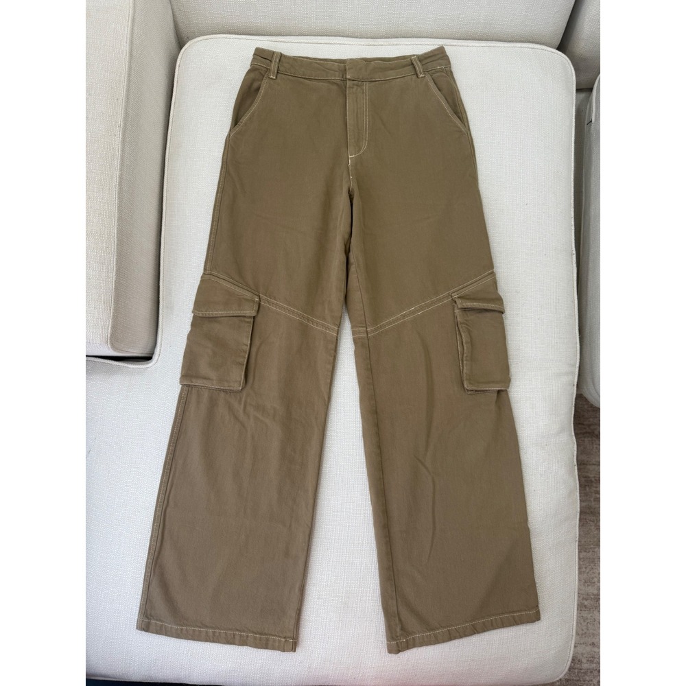 Zara Cargo Pants Womens XS Tan Khaki Wide Leg Contrast Stitch Excellent